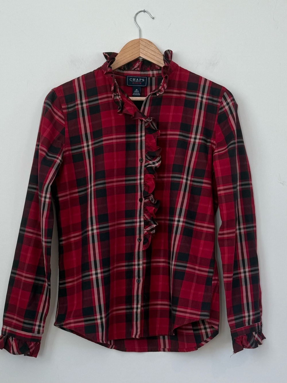 Chaps Red Black Plaid Ruffle Button Down Shirt M Cottagecore